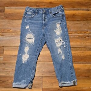 Levi 501 Cropped Distressed Blue Jeans